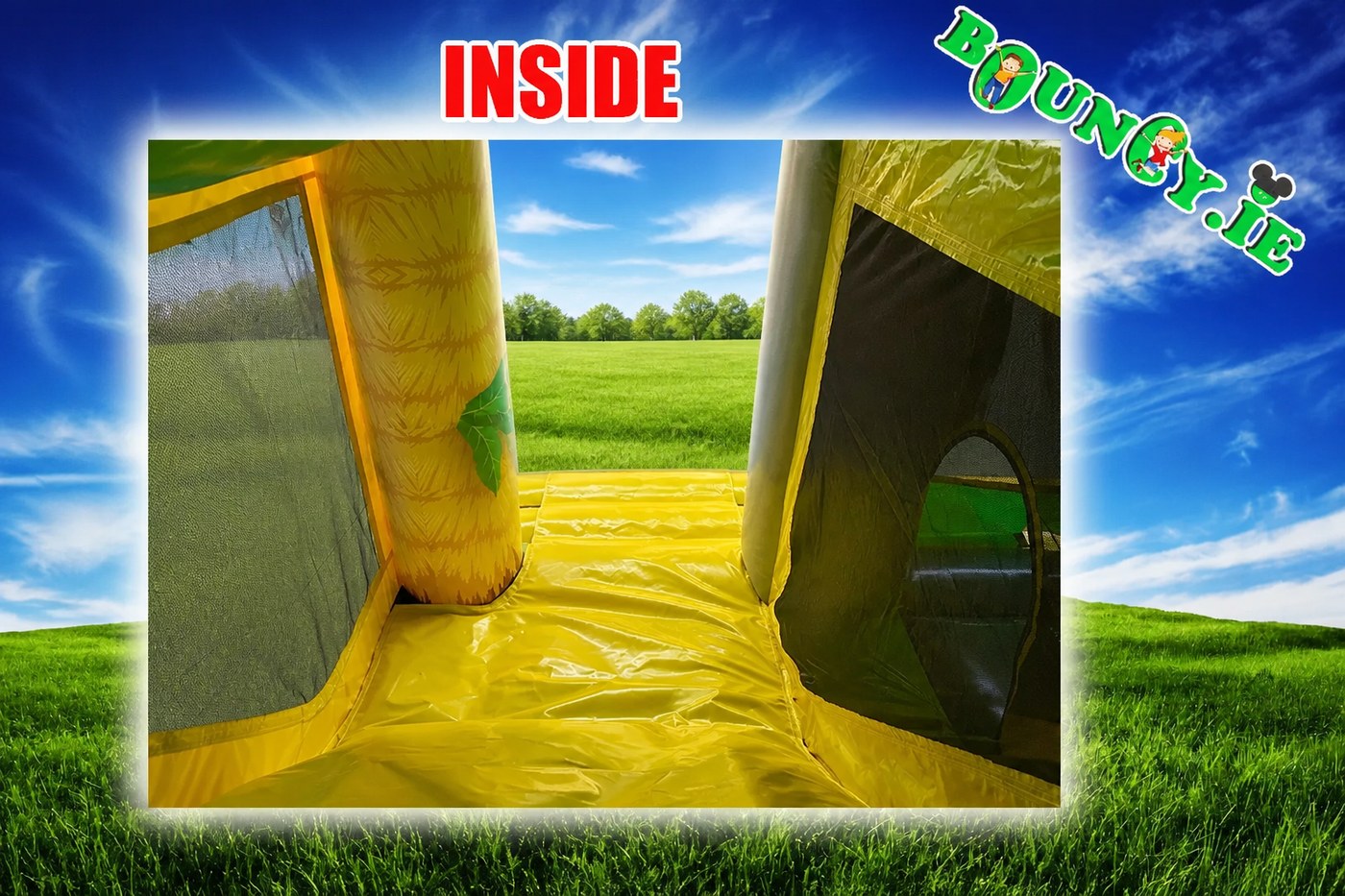 Jungle 18x15 bouncy castle inside looking down the slide