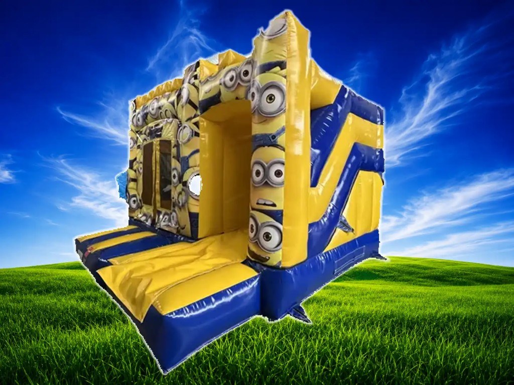 Minions 14x14 bouncy castle front side view with slide